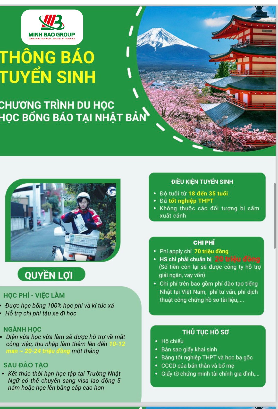 THÔNG BÁO TUYỂN SINH CHƯƠNG TRÌNH DU HỌC BỔNG BÁO TẠI NHẬT