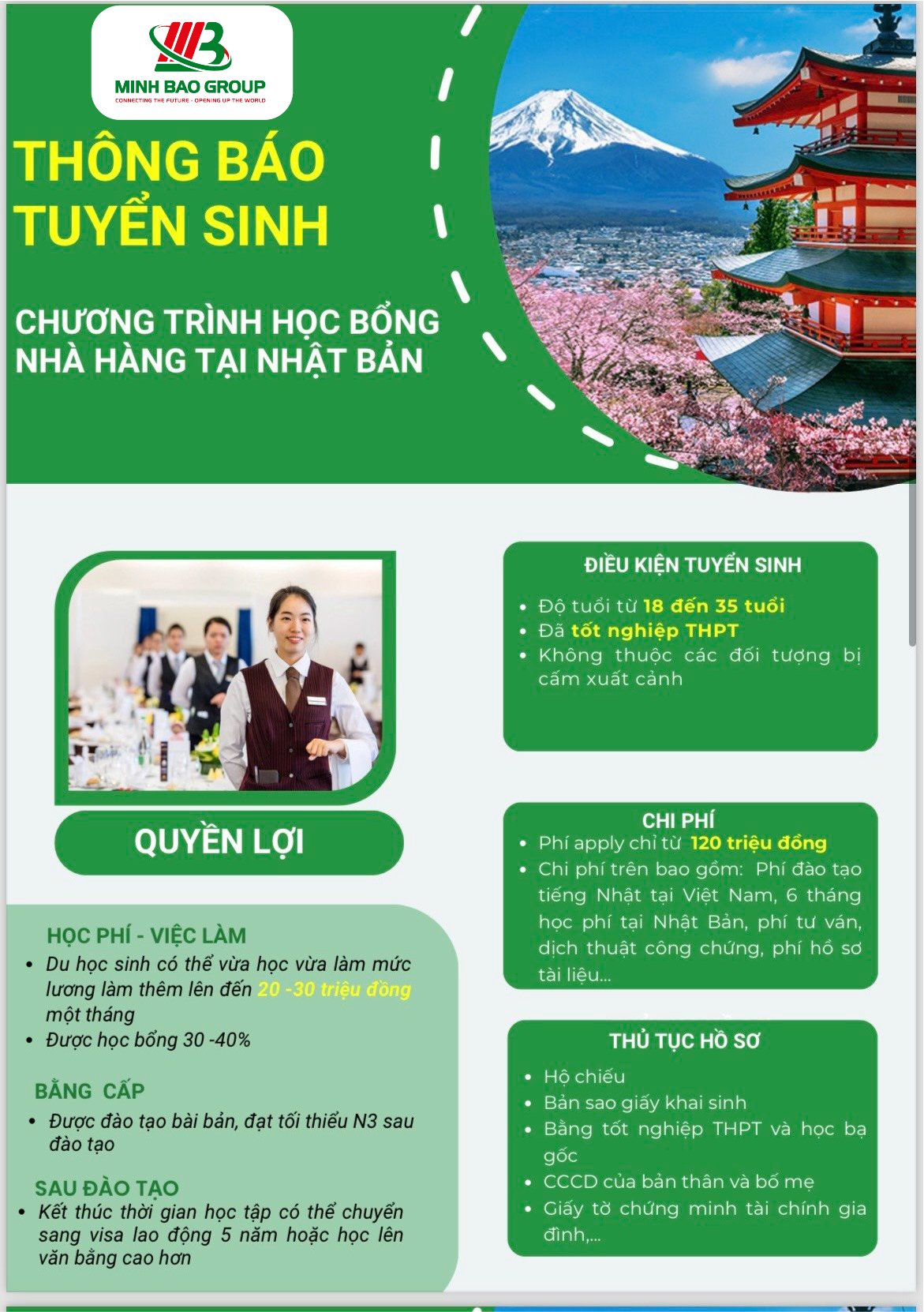 THÔNG BÁO TUYỂN SINH CHƯƠNG TRÌNH HỌC BỔNG NHÀ HÀNG TẠI NHẬT BẢN