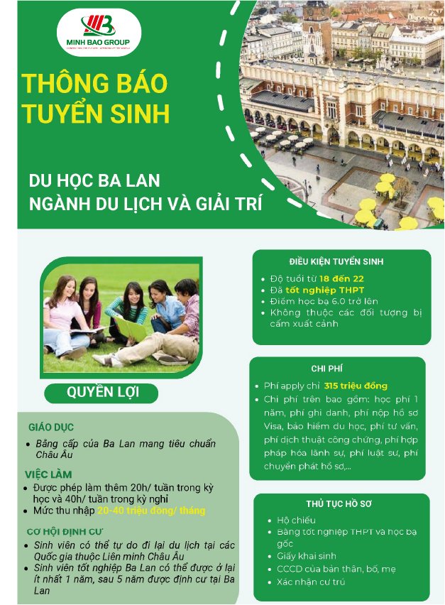 THÔNG BÁO TUYỂN SINH DU HỌC BA LAN NGÀNH DU LỊCH VÀ GIẢI TRÍ