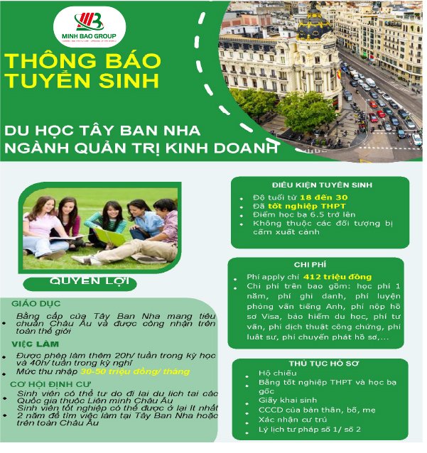 THÔNG BÁO TUYỂN SINH DU HỌC TÂY BAN NHA NGÀNH QUẢN TRỊ KINH DOANH